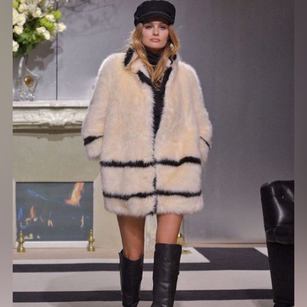 H&M 2013 faux fur black white jacket 10 M L Cruella Costume Coat Halloween